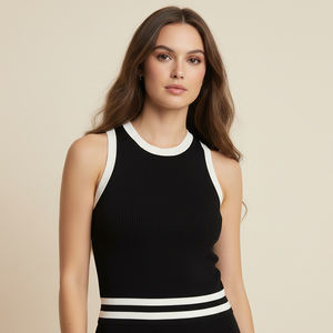 <span class=keywords><strong>Pull</strong></span> en tricot pour femme à col rond sans manches avec bordure contrastée en tricot côtelé - Product Image 1