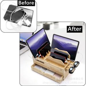Estación de carga de bambú con cajones, estante de almacenamiento de varias capas para tabletas, portátiles y teléfonos, organizador de escritorio - Product Image 3