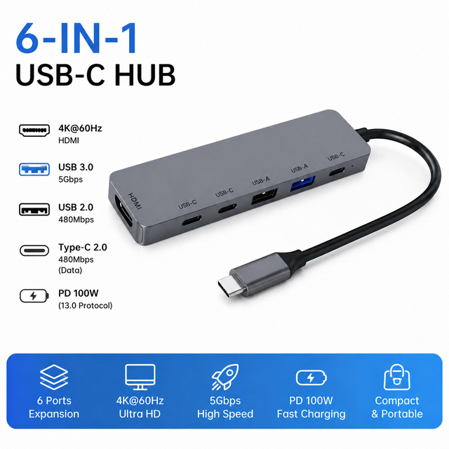 6-in-1 USB-C Hub 4K 60Hz PD100W Aluminum Multiport Adapter, USB3.0/2.0 Charging Stations for Laptops Tablets Fast Data Transfer