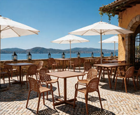 Table de salle à manger en métal en gros, finition thermolaquée, surface carrée, base sur pied, pour extérieur, patio, café, restaurant, bord de piscine