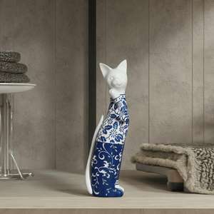 Unique Handmade Home Decor <strong>Cat</strong> <strong>Figurine</strong> Blue and White Pattern <strong>Cat</strong> Ornament Custom Resin Sculpture - Product Image 2
