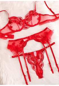X1944 yeni sıcak seksi iç çamaşırı kırmızı tam örgü nakış iç çamaşırı 3-peice set tanga Ruffles günaha kızlar şehvetli Nightie - Product Image 5
