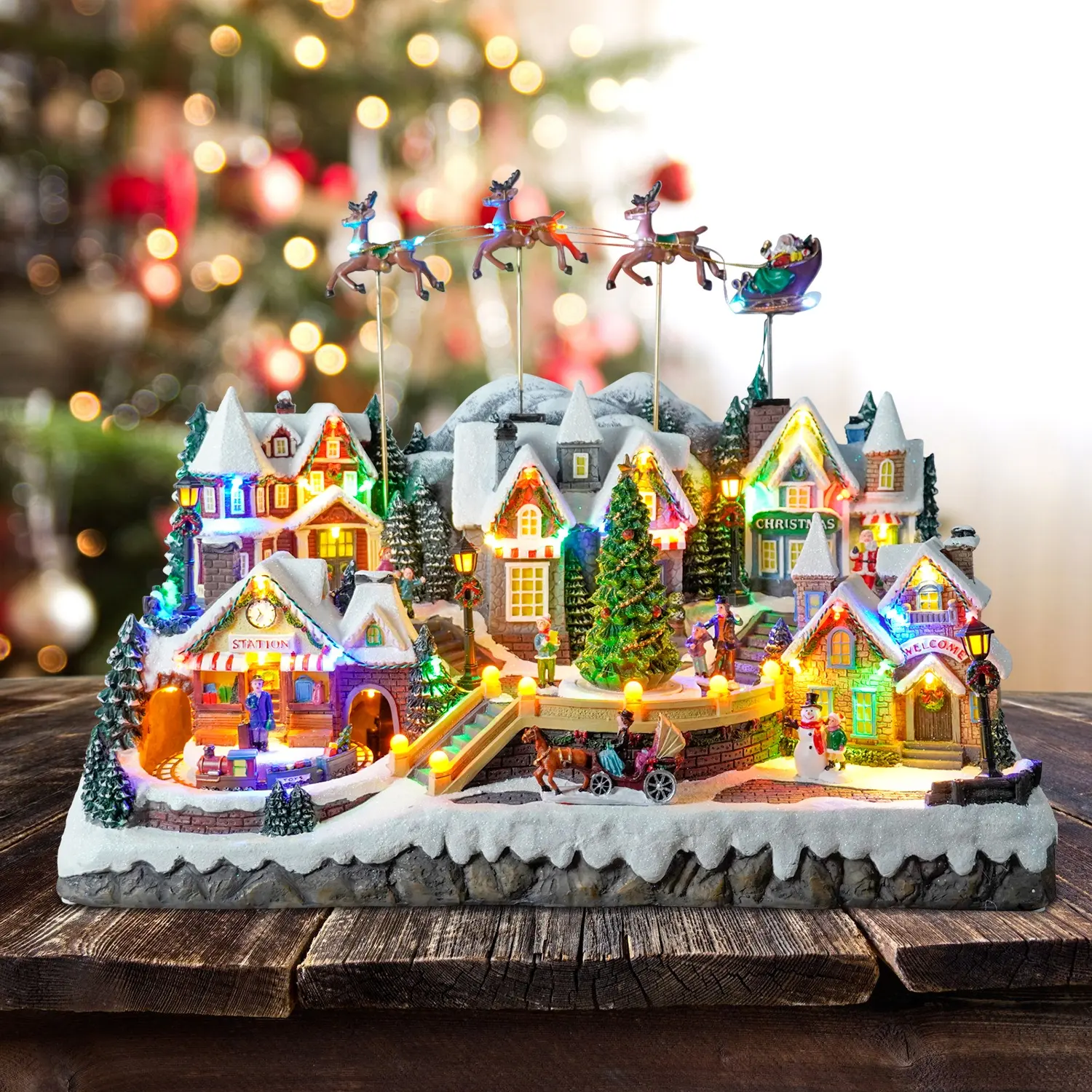 Casa LED de Navidad de poliresina Musical de gran tamaño, Escena de trineo de Santa volador, pueblo de Navidad con Árbol de Navidad giratorio