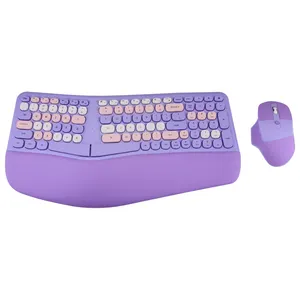Doğal yazarak için ergonomik kablosuz klavye kavisli tasarım 2.4G tam boy Ergo bölünmüş klavye fare kombo bilek dinlenme ile