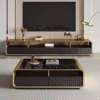 Ensemble meuble TV et table basse de style italien de luxe, moderne, minimaliste du milieu du siècle, pour salon de villa, en dalle de granit et MDF écologique