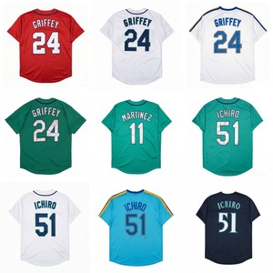 Maillots de baseball rétro pour hommes, version nostalgique, cousus, 24 Griffey Jr., 51 <span class=keywords><strong>Ichiro</strong></span> Suzuki, 11 Edgar Martinez, tailles S-3XL - Product Image 1