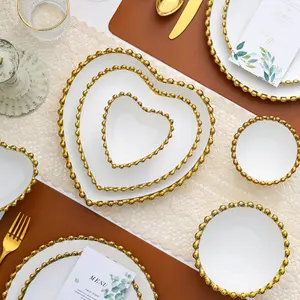 Plato de cerámica con cuentas doradas en forma de corazón, platos de cena para carne, Pasta, sopa, cuencos, vajilla