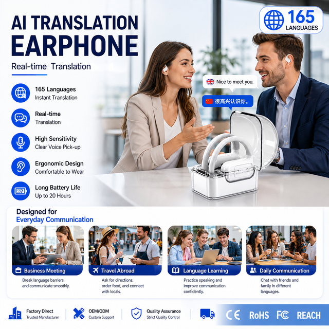 Wholesale ODM 165 Languages Smart Voice Translator Earphone for Business Meeting Overseas Travel with RoHS REACH Certification