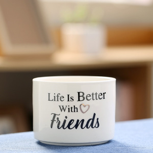 Pot de fleurs rond en céramique blanche pour plantes succulentes avec plateau en bambou et trou de drainage pour cactus - Product Image 2