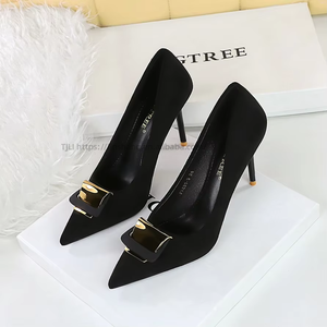 High Quality Super Women's Shoes Fine Suede Shallow Mouth Pointed Metal Decorative Single Shoe High <b>Heel</b> - Product Image 3