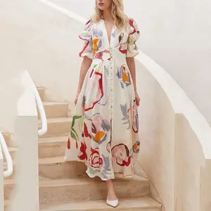 2023 New European and American Women's Beach Dress Plus Size Deep V-neck Printed Long Dress Summer Casual Dresses Natural Simple