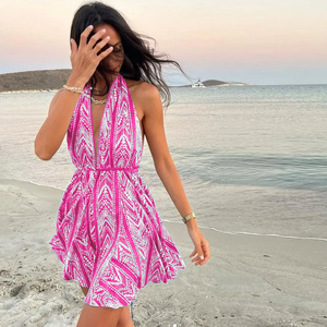 Pink Geometric Print Halter Neck Flared Sundress <b>Sleeveless</b> Woven Breathable High Waist Knee-Length Casual <b>Summer</b> <b>Dress</b> - Product Image 5