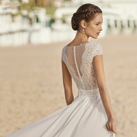 Robe de mariée LY-WD0221, robe de mariée, jupe de mariée, en mousseline de soie, dentelle, col en V, manches courtes, traîne brossée, élégante, blanc ivoire