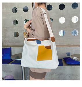 Women's Large Capacity Cotton Canvas Crossbody Tote Bag <b>Shoulder</b> <b>Sling</b> Shopping for Daily Use with Contrast Color Splicing - Product Image 2