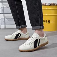 Sepatu Sneakers Kulit Asli Pria Retro Low Top, Sepatu Kasual Garis Samping Hitam, Sol Karet Gum Dot Tread, Alas Kaki Jalan Kaki Grosir