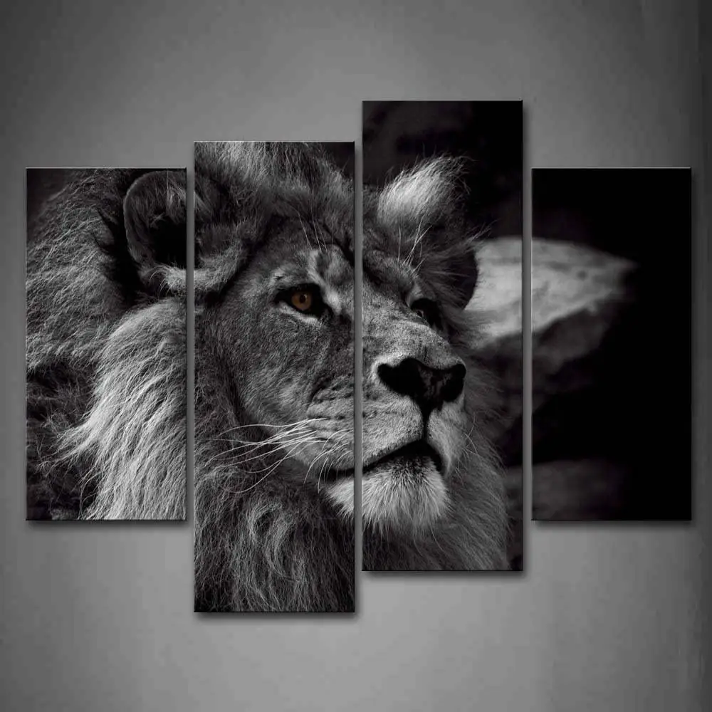 Quadro de parede com estampa de leão, arte de parede em 4 painéis de impressão de animal preto e branco