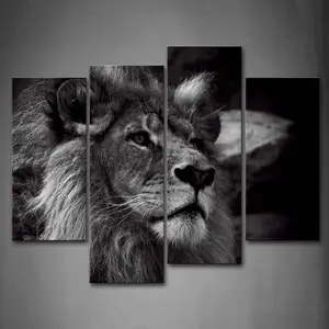 शेर कमरे में रहने वाले HD प्रिंट काले और सफेद पोस्टर 4 पैनल पेंटिंग मुद्रित पशु कैनवास दीवार कला