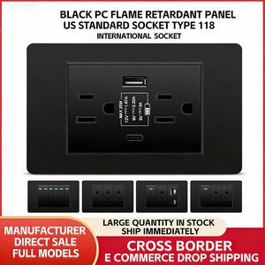 Prise murale américaine standard Type-C 20W à 3 <span class=keywords><strong>prises</strong></span> avec 1 port USB et 1 port USB-C, noire, style américain, ignifuge et sécurisée pour la maison - Product Image 2