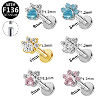 Gaby Piercing Labret à filetage interne en argent et zircon, motif patte de chat, pour l'oreille et la lèvre, bijou de piercing corporel, cadeau Saint-Valentin