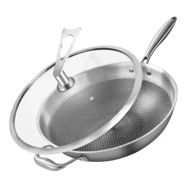 Vente directe 32cm rond antiadhésif Wok poêle pleine en nid d'abeille triplement acier inoxydable chinois poêle à frire avec couvercle en verre