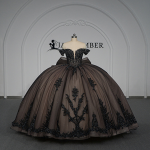 Robe de bal de Quinceañera de luxe en mousseline noire avec appliques de dentelle perlée, coupe naturelle, décolleté cœur, couleur champagne, sur commande - Product Image 5