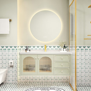 French-style Cream-Finish Ceramic One-Piece Basin with Smart Mirror and Oak <b>Bathroom</b> <b>Vanity</b> - Product Image 1