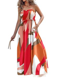 2025 गर्मियों में महिलाओं के स्ट्रैपलेस प्रिंट मैक्सी ड्रेस उच्च कमर की तरफ स्लाइड आकस्मिक समुद्र तट छुट्टी रिसॉर्ट - Product Image 6