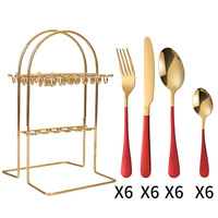 Ensemble de couverts en acier inoxydable de 24 pièces, poignée rouge brillante et polie de qualité supérieure, service de table de Restaurant en or