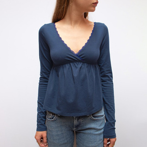 Top Básico Casual de Mujer con Cuello en V, Ribete de Encaje, Manga Larga, Transpirable, Tejido, Color Sólido, Cintura Alta, Estilizador, para Otoño - Product Image 1