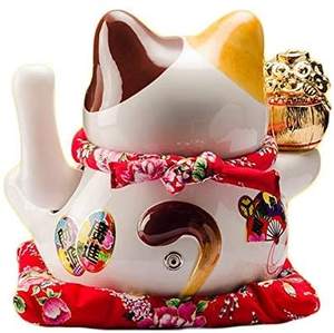 Chat porte-bonheur chinois en céramique blanche Feng Shui avec bras mobile Maneki Neko Chat porte-bonheur qui agite la patte L26xW22xH23CM, - Product Image 3