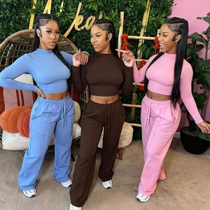 Completo <span class=keywords><strong>Donna</strong></span> Due Pezzi con T-shirt a Collo Tondo e <span class=keywords><strong>Pantaloni</strong></span>, <span class=keywords><strong>Tuta</strong></span> Casual con <span class=keywords><strong>Pantaloni</strong></span> a Gamba Larga, Top Corto a Maniche Lunghe, Completo Autunnale - Product Image 2