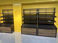 Présentoir Modulaire Double Face avec Base en Métal, Étagères Réglables Effet Bois pour Supermarché