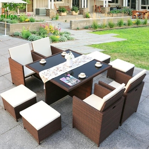 Waterproof Restaurant 9 Piece <strong>Rattan</strong> Tables and Chairs <strong>Cube</strong> Sets Patio Leisure Furniture Garden Outdoor <strong>Rattan</strong> Woven Dining Sets - Product Image 1