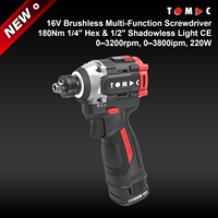 Tournevis multifonction sans fil TOMAC Pro 16V Li-ion Brushless 180 Nm avec embouts hexagonaux 1/4'' et 1/2'' et éclairage sans ombre, certifié CE