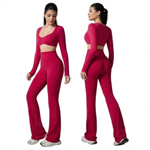 Conjunto Deportivo Transpirable para Mujer, Cuello en V, Manga Larga, Antiarrugas, Top Corto, Pantalones Acampanados con Efecto Levanta Glúteos, 2 Piezas - Product Image 2