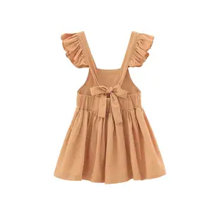 Hot Sale baby girl dress linen cotton wooden button cute style summer wear girl dress