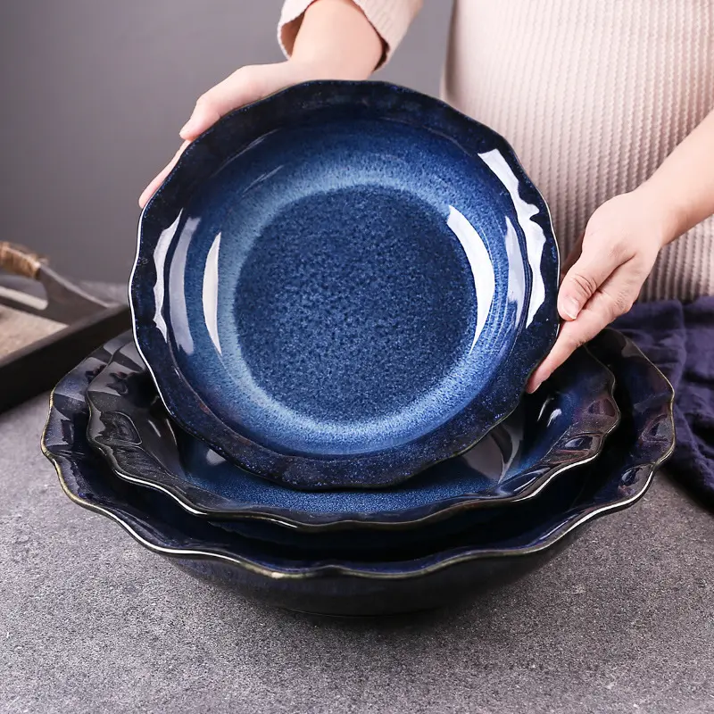 Nordic style creative Different Sizes Variable blue glaze High Capacity Ceramic Soup Bowl hotel Restaurant Noodle Ramen Bowl Set
