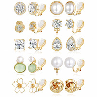 10 Pasang Set Anting Clip-On Multi Gaya untuk Wanita Mutiara Kristal Bunga Warna Emas Tanpa Tindik Perhiasan Fashion Elegan Hadiah