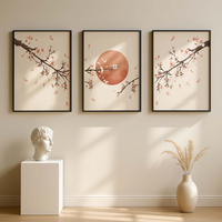 HAOWAI OEMODM 3 pièces, Art mural triptyque Japandi Sakura, Impressions de fleurs de cerisier, Toile soleil japonais, Décoration de salon
