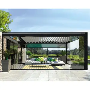 Teras mewah otomatis Smart Cover Louver sistem atap tahan air taman Aluminium luar ruangan bermotor Pergola