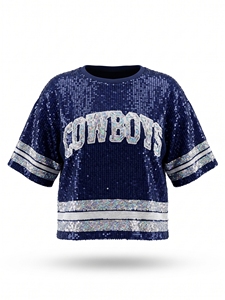 Haut court décontracté à <span class=keywords><strong>sequins</strong></span> bleus et argentés pour le football américain NFL, idéal pour les jours de match des Dallas Cowboys – T-<span class=keywords><strong>shirt</strong></span> maillot à <span class=keywords><strong>sequins</strong></span> - Product Image 1