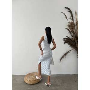 Vestido ajustado a rayas estilo otomano con cuello redondo, tejido transpirable, cintura natural, vestido informal para diario - Product Image 2