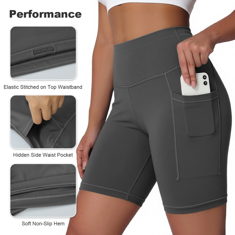 High Waisted Yoga Shorts Side Pockets Elastic Waist Solid Naked Feeling Moisture Wicking Breathable Four-Way Stretch Workout