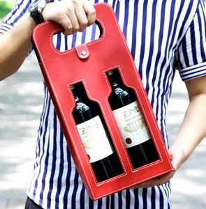 Custom Double Luxury PU Leather Wine <b>Bottle</b> <b>Gift</b> Packaging <b>Bag</b> with Metal Button Closure for Beverages - Product Image 1