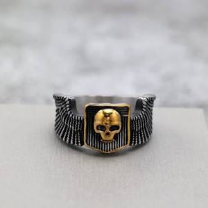 Stainless Steel <b>Ring</b> With Golden Skull Wings Design For Men And Women Halloween Fashion Jewelry Hip Hop Style - Product Image 3