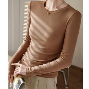 T-shirt à manches longues en coton fin très élastique 300g pour femme, nouveau modèle slim uni, haut tendance - Product Image 5