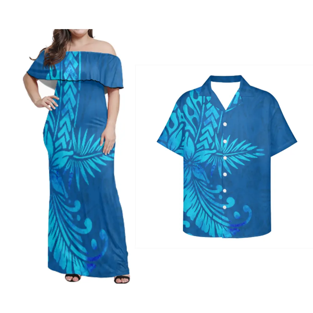 Custom Couple Suit Polynesian Design Elei Printing Factory Outlet 2022 New Design Ruffle Off Shoulder Dress Match Men Shirts