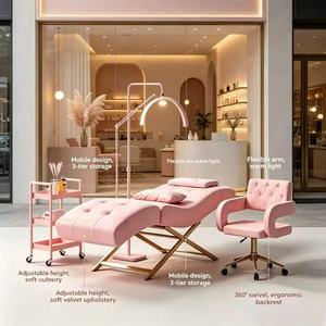 Luxury Modern Esthetician Lash Bed Station Curved + Half Moon LED Light + Storage Cart + Rolling <b>Stool</b> Foldable Pink Hotel - Product Image 1