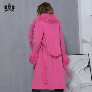 Abrigo de lana largo Janefur para mujer, abrigo de Cachemira de doble cara a la moda con cuello y puños de piel de cordero mongol - Product Image 6