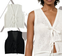 Gilet d'été personnalisé en crochet ajouré sans manches pour femme, col en V, double lien à nouer sur le devant, gilet en maille, tenue de plage et de détente